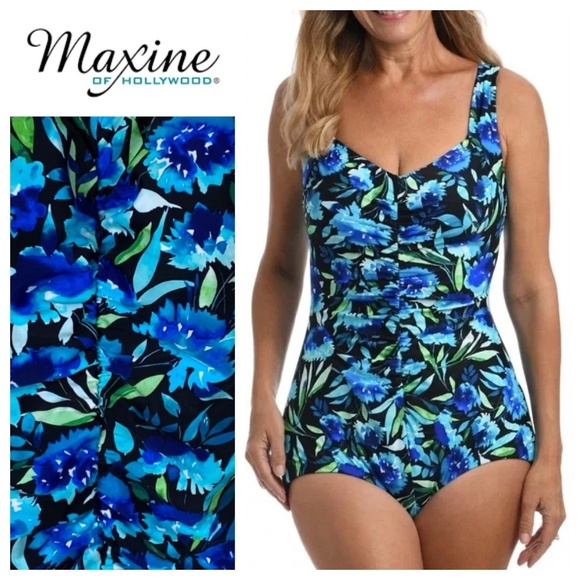New Maxine Of Hollywood 24W 3X Swimsuit One Pc. Floral Dandelion Blue Slimming